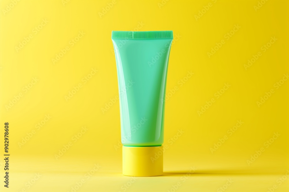 Minimalistic green tube with yellow cap on a vibrant yellow background.