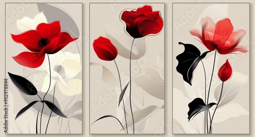Three panels of red floral wall art with black leaves on a beige background