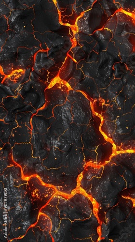 Molten lava bursting through dark, cracked terrain. The fiery orange and red colors of the lava can be seen from a distance.