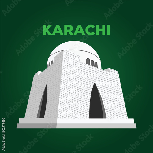 Mazar e Quaid vector illustration. Pakistan national flag. Quaid e Azam mausoleum, Quaid e Azam Mizar and Tomb
