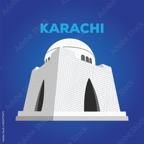 Mazar e Quaid vector illustration. Pakistan national flag. Quaid e Azam mausoleum, Quaid e Azam Mizar and Tomb