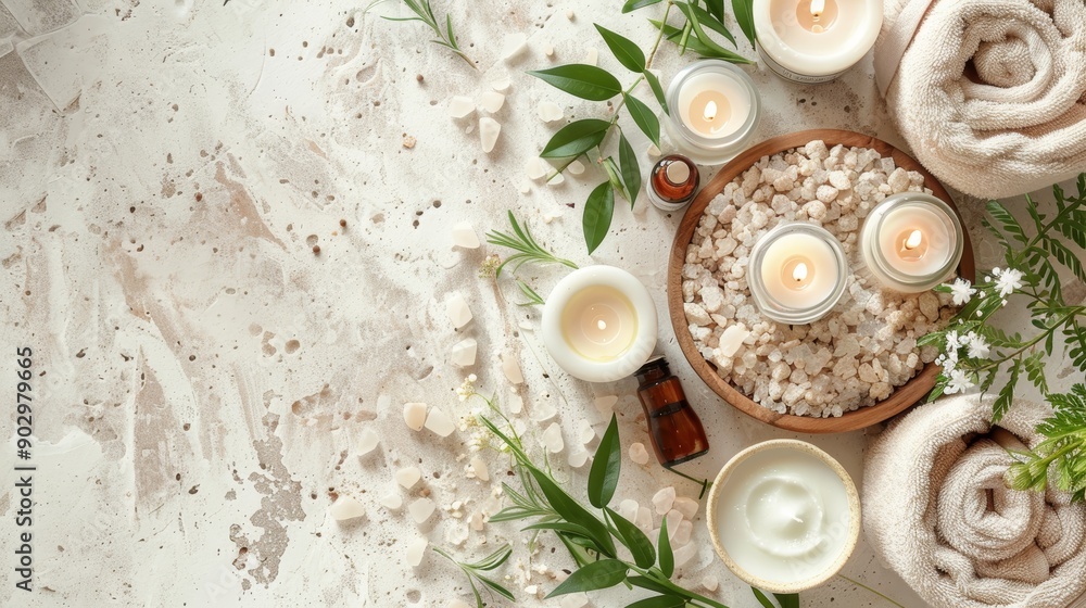 Beautiful spa treatment composition such as Towels, candles, essential oils, Massage Stones on light wooden background. blur living room, natural creams and moisturizing Healthy lifestyle, body care Beautiful spa treatment composition such as Towels, candles, essential oils, Massage Stones on light wooden background. blur living room, natural creams and moisturizing Healthy lifestyle, body care