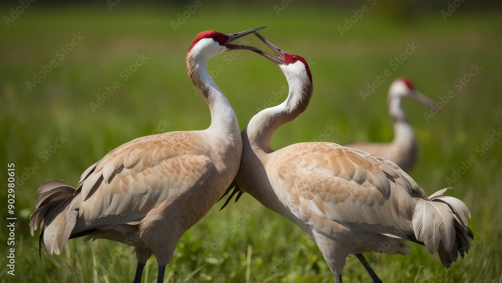 Fototapeta premium Close-Up Interaction: Sandhill Cranes in Their Mating Dance