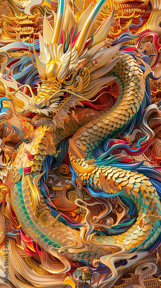 Fototapeta premium In a mystical landscape, a fiery dragon roars. This is perfect for fantasy themes, artwork, and mythical stories.