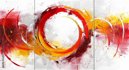 This set of three abstract wall art panels features red, yellow, orange, and green colors