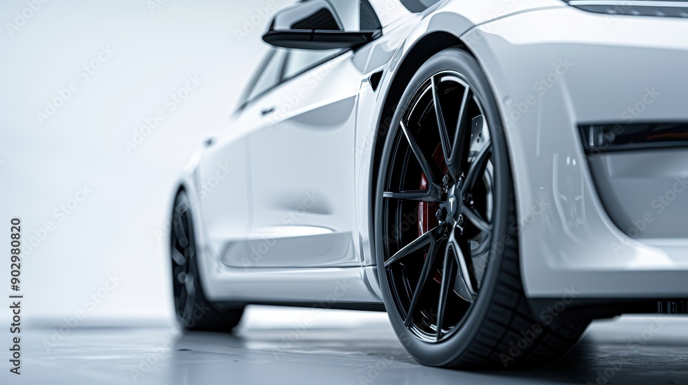 A white car with black tires is parked in a large room. The car is the main focus of the image, and it is a luxury vehicle A white car with black tires is parked in a large room. The car is the main focus of the image, and it is a luxury vehicle