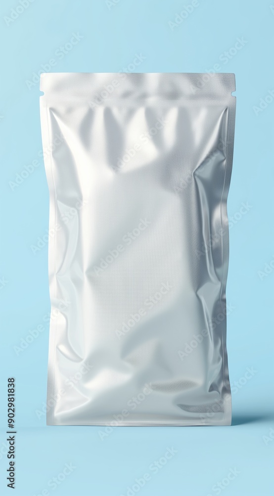 A metallic silver foil pouch with a resealable top against a light blue background. A metallic silver foil pouch with a resealable top against a light blue background.