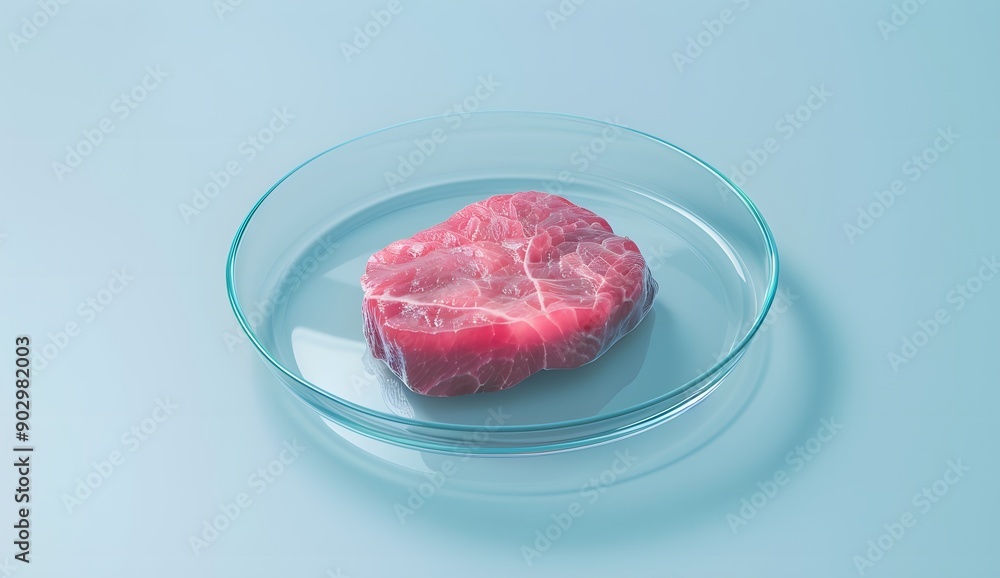 A piece of pink meat in an empty petri dish on a light blue background. It is a 3D rendering with studio lighting that casts soft shadows under the glass plate. A piece of pink meat in an empty petri dish on a light blue background. It is a 3D rendering with studio lighting that casts soft shadows under the glass plate.