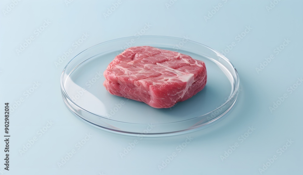 A piece of pink meat in an empty petri dish on a light blue background. It is a 3D rendering with studio lighting that casts soft shadows under the glass plate. A piece of pink meat in an empty petri dish on a light blue background. It is a 3D rendering with studio lighting that casts soft shadows under the glass plate.