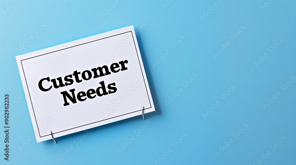 Customer needs written on white card against blue background with space for text Customer needs written on white card against blue background with space for text