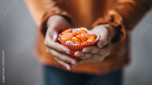 Closeup of hands giving candy to trickortreaters, TrickorTreat candy doortodoor, community spirit photo