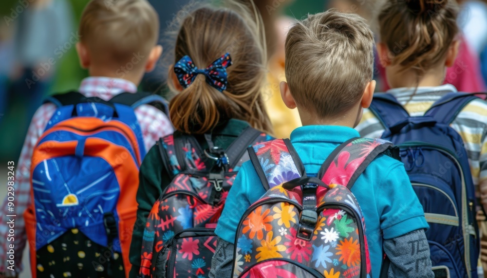 Fototapeta premium Group of Children Entering School with Backpacks