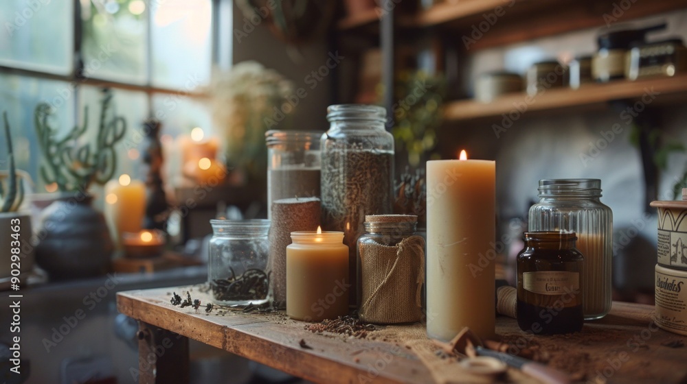 A Cozy Workspace Featuring Handmade Candles and Warm Ambiance in the Evening A Cozy Workspace Featuring Handmade Candles and Warm Ambiance in the Evening