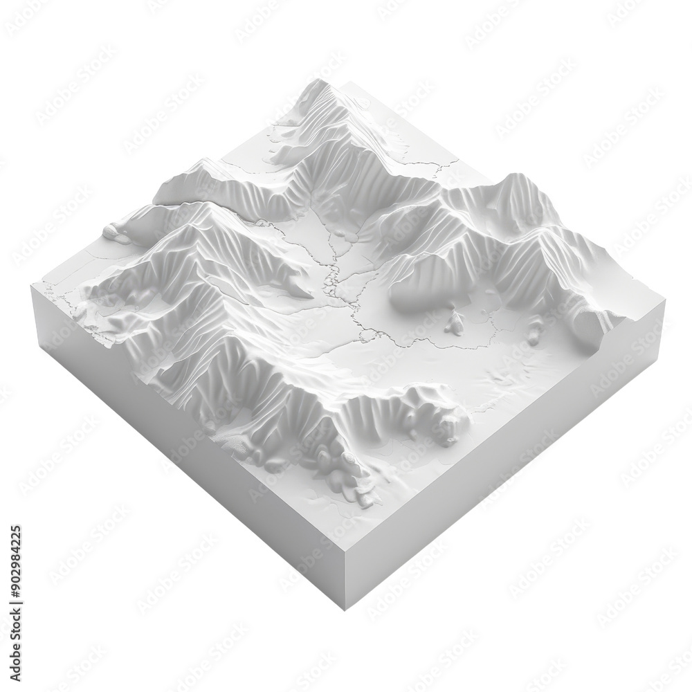 Fototapeta premium 3D terrain model in white showcasing detailed mountain ranges and valleys, perfect for geographical and topographical studies.