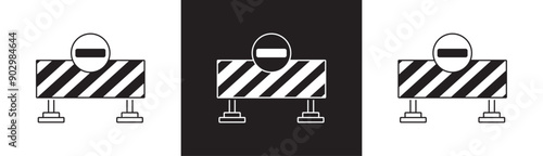 Road closure sign icon, road divider and road repair safety sign, road block and pedestrian barrier flat icon isolated on black white and transparent background flat vector illustration. Eps10