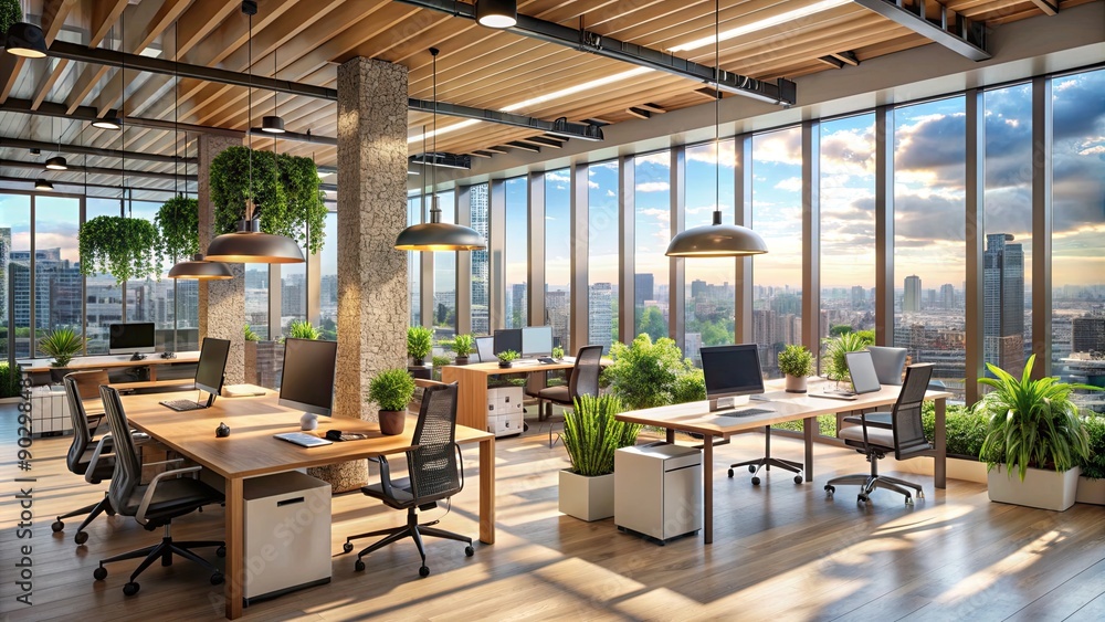 Minimalist office interior. Bright. Large windows. Minimalist office interior. Bright. Large windows.