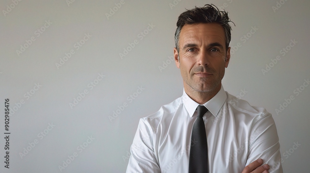 Confident Executive: A portrait of a mature businessman in a white shirt and tie, exuding an aura of experience and determination with his arms crossed. Confident Executive: A portrait of a mature businessman in a white shirt and tie, exuding an aura of experience and determination with his arms crossed.