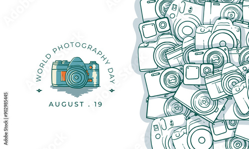 World photography day with simple camera in vintage cartoon design