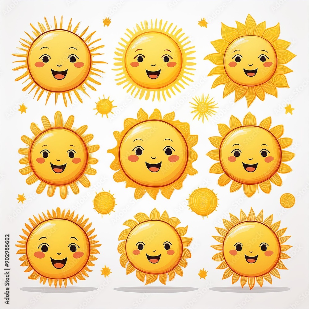 Cute Sun vector illustration set. Sun with different rays and emotions. Children's flat illustration. Sunshine clip art graphics Hand-drawn Digital Illustrations. White isolated background. Cute Sun vector illustration set. Sun with different rays and emotions. Children's flat illustration. Sunshine clip art graphics Hand-drawn Digital Illustrations. White isolated background.