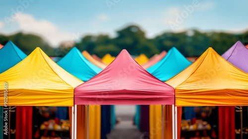 Community fair with colorful stalls and activities, Event gathering happening, vibrant festivity photo