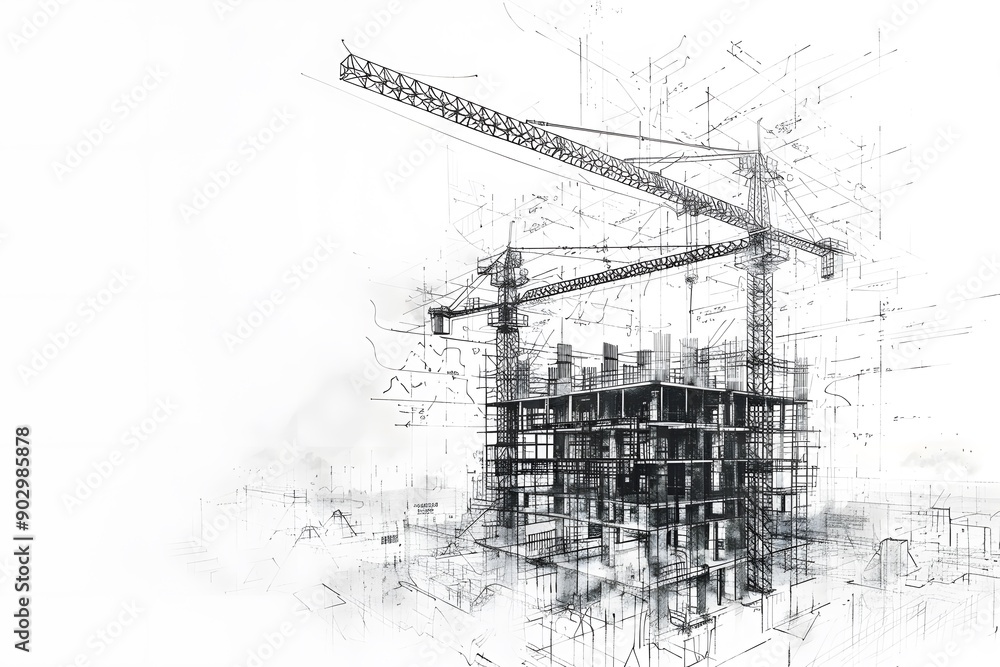 Obraz premium Architectural Blueprint of a Construction Site with Cranes