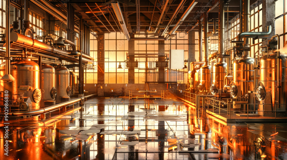 A stunning brewery interior showcases gleaming metal equipment and warm light reflecting off the polished floor, enveloped in a rich cinematic atmosphere A stunning brewery interior showcases gleaming metal equipment and warm light reflecting off the polished floor, enveloped in a rich cinematic atmosphere