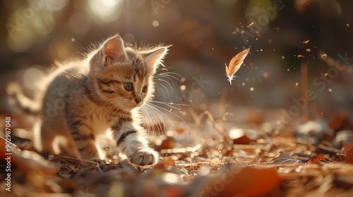 A kitten playing with a feather in the morning sunlight