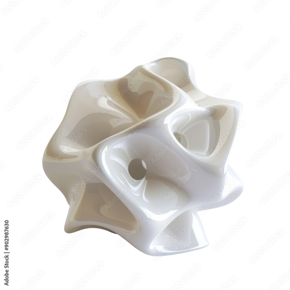 Intricate white abstract sculpture with smooth flowing curves and holes, showcasing modern artistic design and creativity.