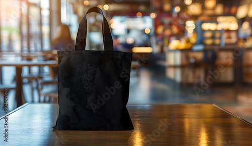 A black blank tote bag mockup on a table in a modern coffee shop, with no wrinkles in the black canvas tote with a long handle and open top of the purse visible,