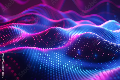 abstract background in the form of many dots and particles. waves of dots in purple blue neon colors