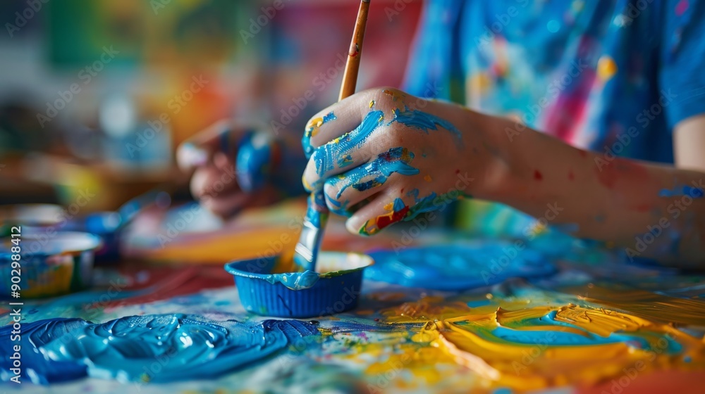 Obraz premium A childs hands are covered in colorful paint while mixing blue and yellow hues on a vibrant table during an art activity.