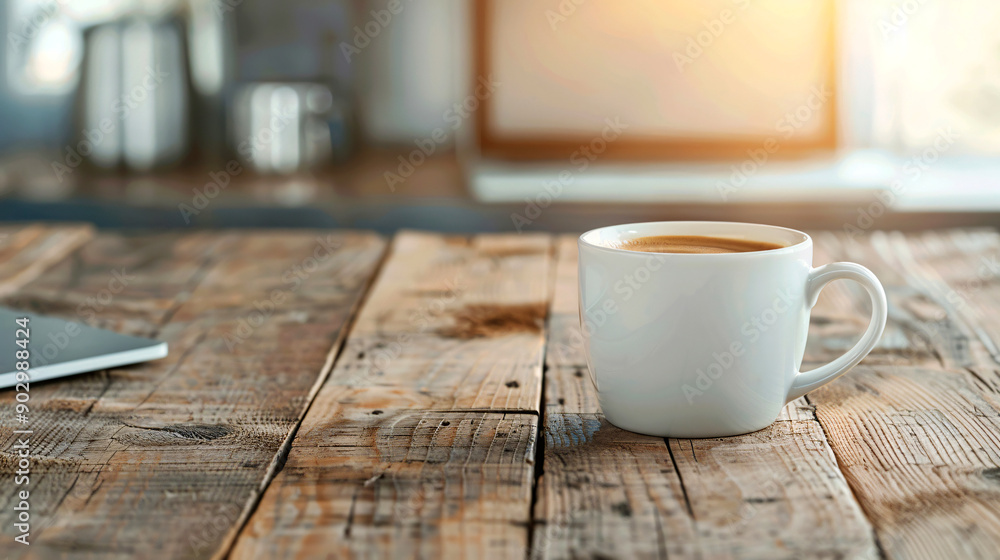 A white coffee cup sits on a wooden table. The table is made of wood and has a rustic feel to it. The cup is filled with coffee, and the steam rising from it adds to the cozy atmosphere A white coffee cup sits on a wooden table. The table is made of wood and has a rustic feel to it. The cup is filled with coffee, and the steam rising from it adds to the cozy atmosphere