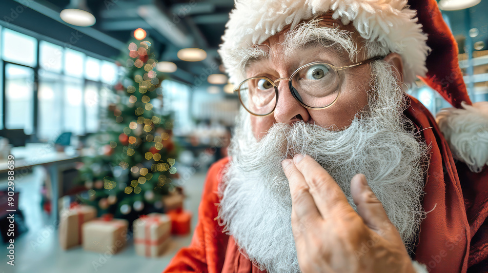 Santa Claus playfully shushes the camera in a contemporary office adorned with a beautifully decorated Christmas tree and wrapped gifts Santa Claus playfully shushes the camera in a contemporary office adorned with a beautifully decorated Christmas tree and wrapped gifts