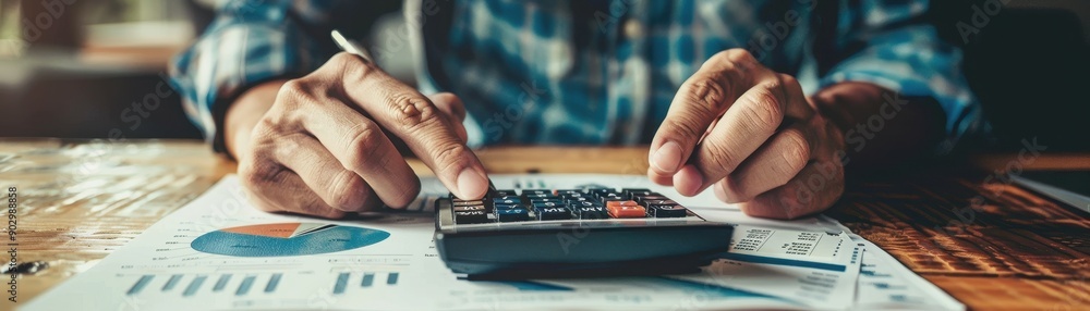 A man is using a calculator to add numbers on a piece of paper. Concept of focus and concentration as the man works on his calculations A man is using a calculator to add numbers on a piece of paper. Concept of focus and concentration as the man works on his calculations