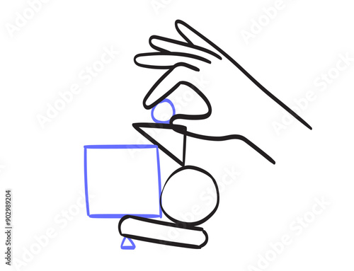 Hands organize abstract shapes in structure or system and analyse result. Data and information analytics and order in doodle line drawing style. Vector illustration of person search balance harmony.