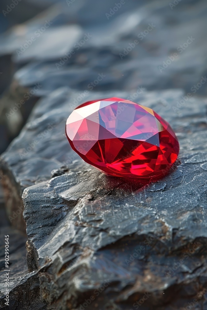 A red diamond is on a rocky surface. The diamond is cut into a triangular shape. The image has a moody and mysterious feel to it A red diamond is on a rocky surface. The diamond is cut into a triangular shape. The image has a moody and mysterious feel to it