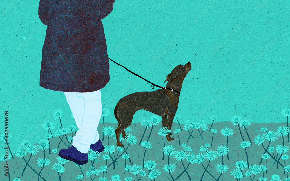 Ilustracja młoda kobieta spacer z małym psem na smyczy.
