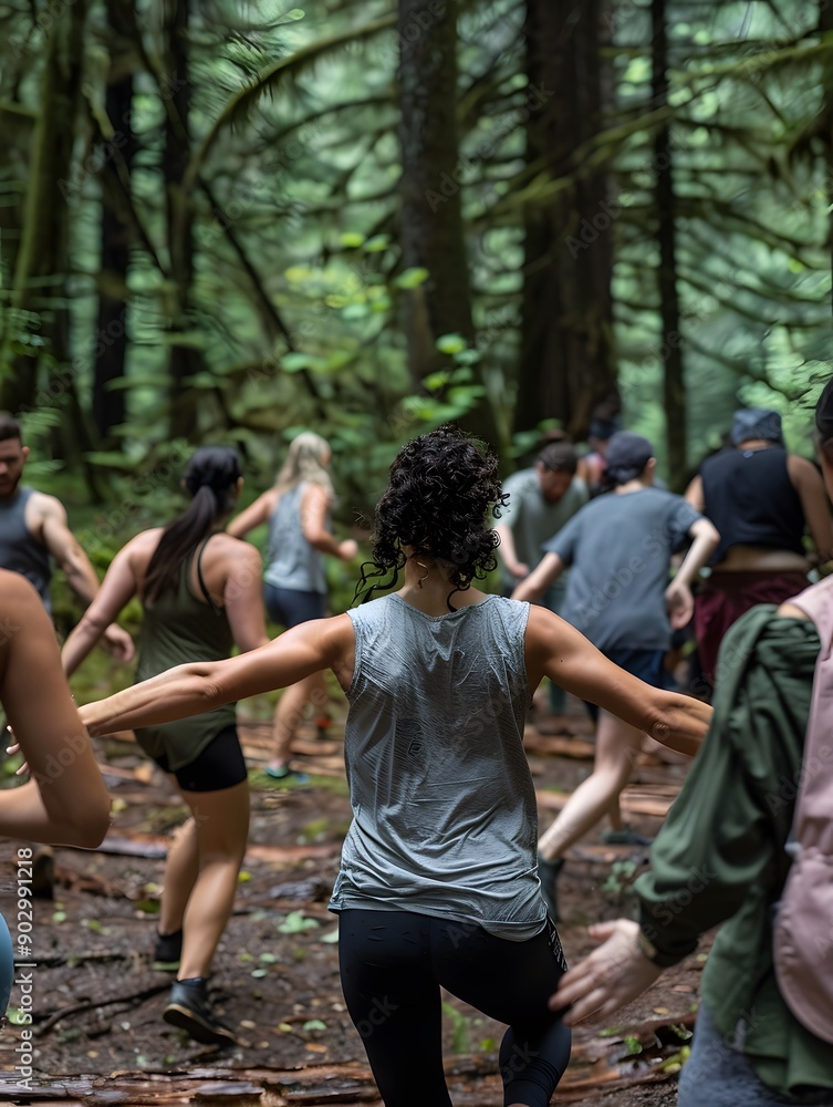 Fototapeta premium Illustration of Action-packed group therapy session, participants engaging in physical activities, serene forest setting, healing through movement and connection Ai Generate. 