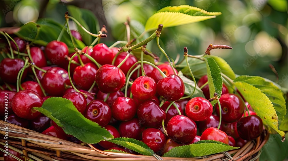 Basket of cherries with leaves, showcasing their vibrant color and just-picked appearance Basket of cherries with leaves, showcasing their vibrant color and just-picked appearance