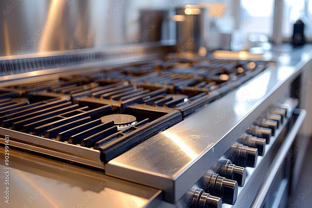 Modern Stainless Steel Gas Range with Grates and Control Knobs Modern Stainless Steel Gas Range with Grates and Control Knobs