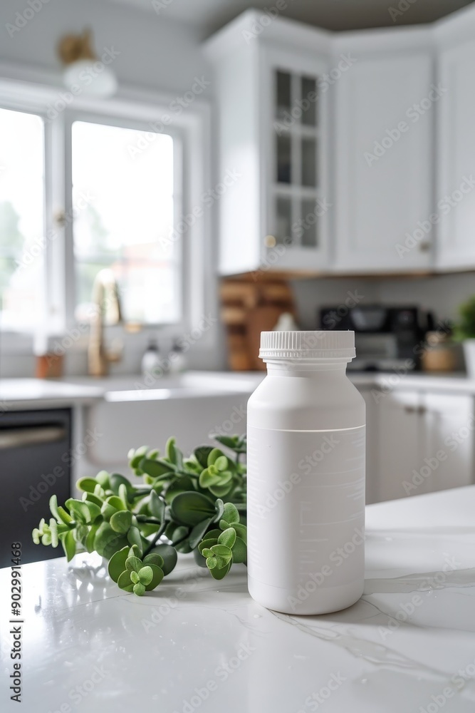 A bottle of pills sits on a counter next to a bunch of herbs. The scene is set in a kitchen with a window and a potted plant A bottle of pills sits on a counter next to a bunch of herbs. The scene is set in a kitchen with a window and a potted plant