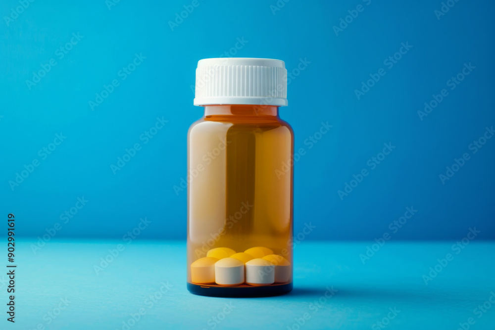 Amber Bottle with White and Yellow Pills on Blue Background Amber Bottle with White and Yellow Pills on Blue Background