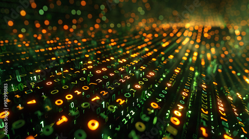 Futuristic Binary Code Streams on Holographic Interface Background with Copy Space