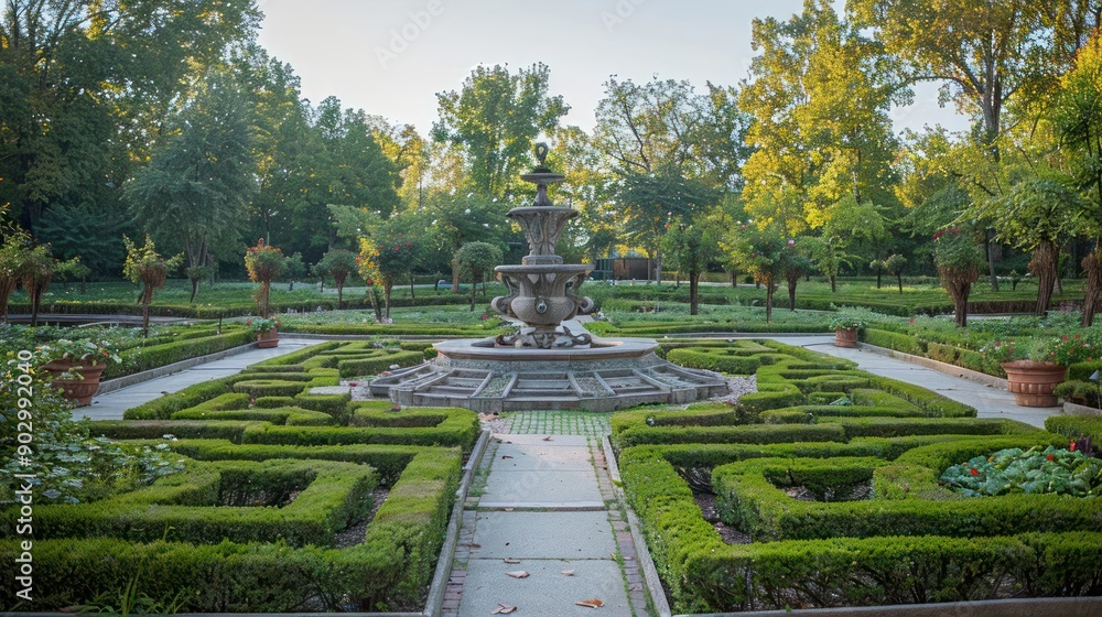 A large fountain is in the middle of a garden with hedges and trees A large fountain is in the middle of a garden with hedges and trees