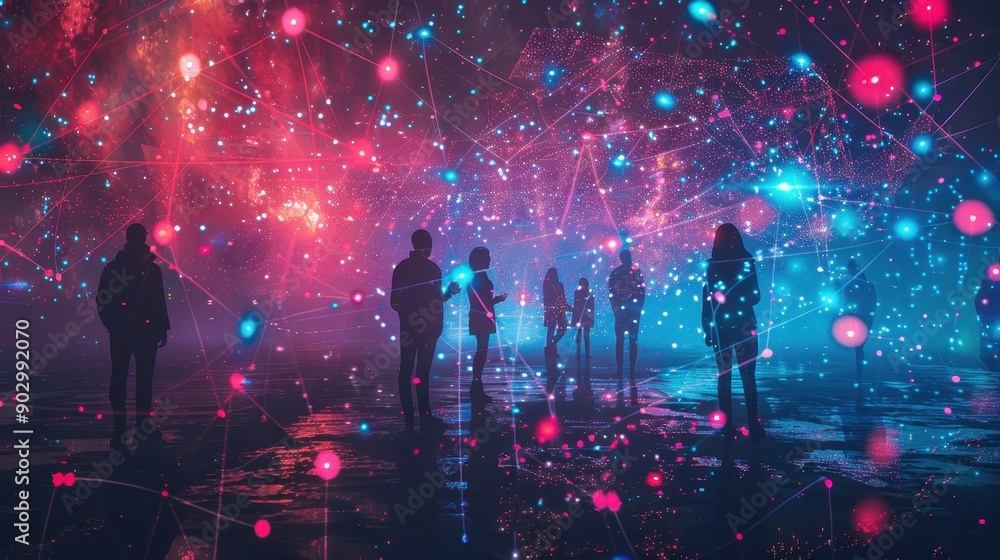 A group of people are walking down a street with a blurry background. The people are walking in a line and there are a few people in the foreground. The image has a busy and bustling feel to it