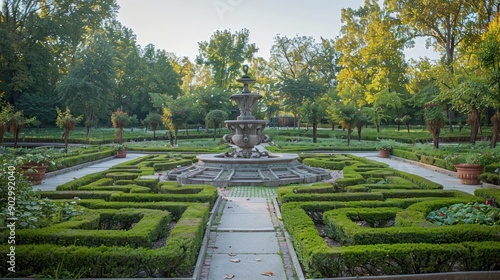 A large fountain is in the middle of a garden with hedges and trees