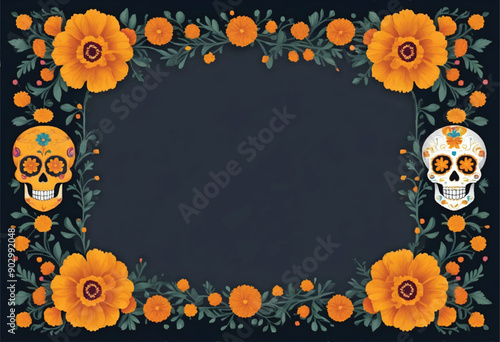 an elegant frame border design with orange marigold flowers and day of the dead skulls on black