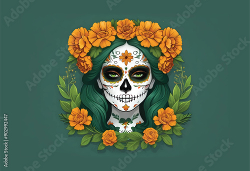 a catrina skull face painting with marigold flowers on her head and decorated with marigold flowers