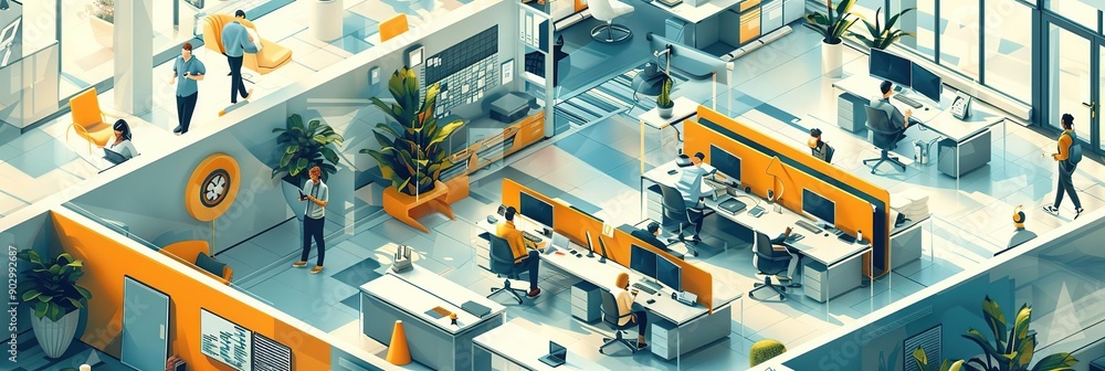 Modern Office Illustration - A Busy Workspace with People Working