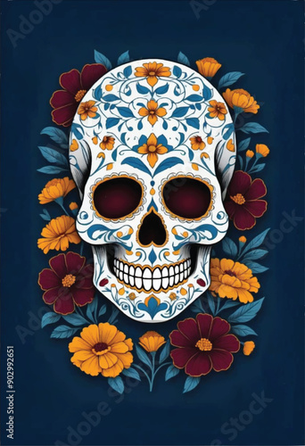 a day of  the dead skull is painted with flowers and a skull surrounded by floral decorative on blue